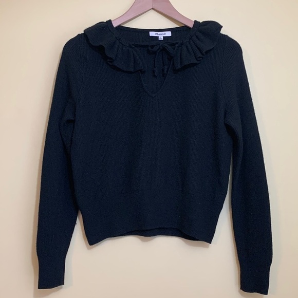 Madewell | Ruffle Neck Blue Viscose Wool Alpaca Blend Lightweight Knit Sweater S - Picture 1 of 16